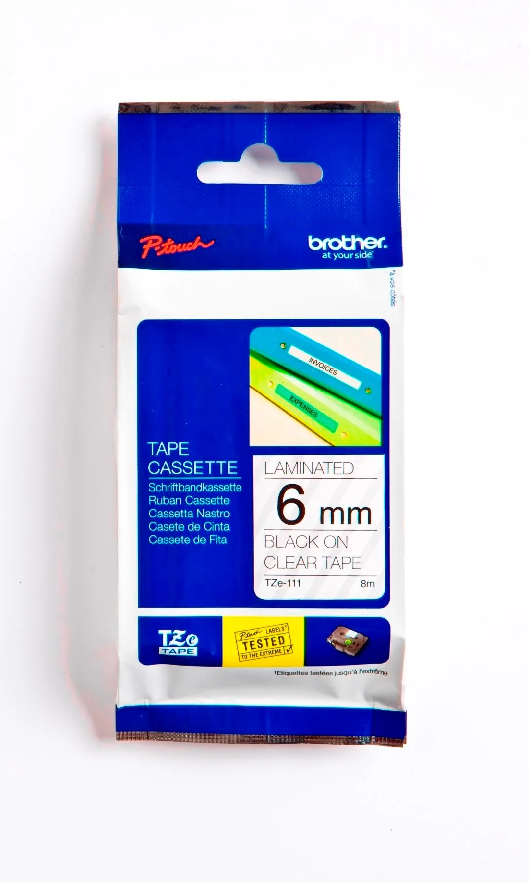 Cinta Rotuladora Brother TZE-111 6mm Negro/Transparente 8 MTS Laminada